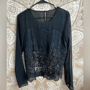 Hotel Particulier Sheer Black Lace Blouse Long Sleeve